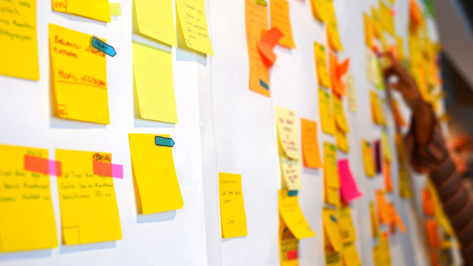 A live methodology workshop in progress &mdash; sticky notes, IA mapping, conversion flow planning